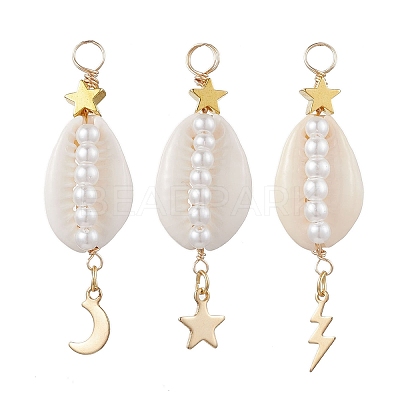 3Pcs 3 Styles Natural Cowrie Shell Copper Wire Wrapped Glass Pearl Pendants PALLOY-JF03503-1