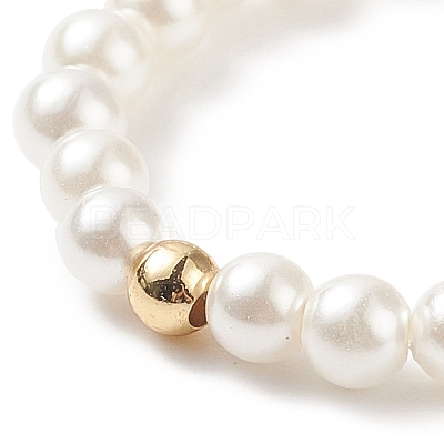 Shell Pearl & Brass Heart Beaded Stretch Rings for Women RJEW-TA00056-1