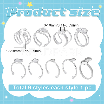9Pcs 9 Styles 201 & 304 Stainless Steel Open Cuff Ring Findings STAS-WR0001-32-1