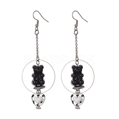 Acrylic Bear & Lampwork Heart Dangle Earrings EJEW-JE05416-01-1