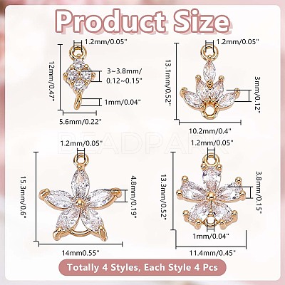 16Pcs 4 Styles Brass Pave Clear Cubic Zirconia Connector Charms KK-HY0004-39-1
