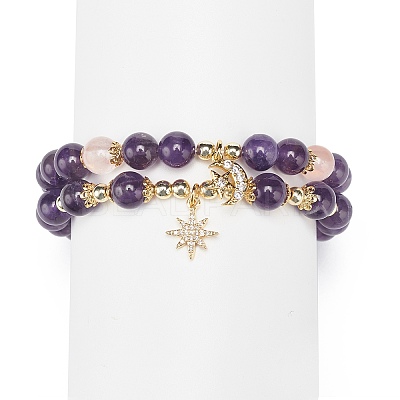 2Pcs 2 Style Natural Amethyst & Rose Quartz Beaded Stretch Bracelets Set BJEW-JB09020-1