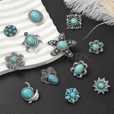 12Pcs 12 Styles Alloy Rhinestone & Resin Imitation Turquoise Snap Buttons BUTT-CJ0001-04-1