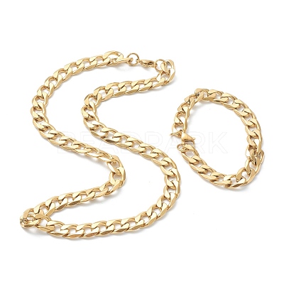 Ion Plating(IP) 304 Stainless Steel Cuban Link Chain Bracelets & Necklaces Jewelry Sets SJEW-B019-03E-G-1