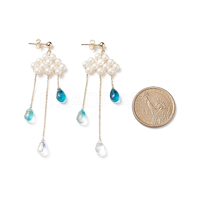 Shell Pearl Cloud with Glass Teardrop Dangle Stud Earrings EJEW-TA00164-1