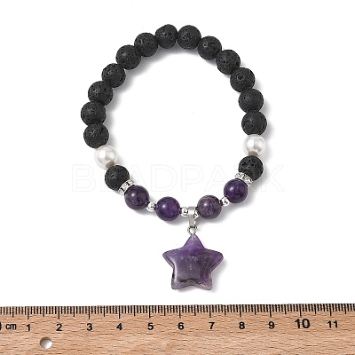 Natural Amethyst & Lava Rock & Shell Pearl Charm Bracelets BJEW-JB13705-01-1