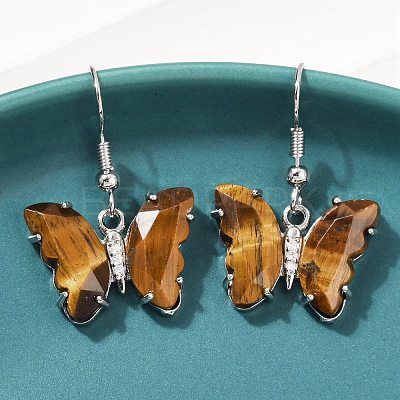 Natural Tiger Eye Brass Dangle Earrings EJEW-M081-01P-03-1