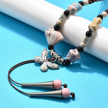Ethnic Style Alloy & Porcelain Ceramic Beads Butterfly Pendant Tassel Y Necklaces LS-NJEW-D308-01C-1