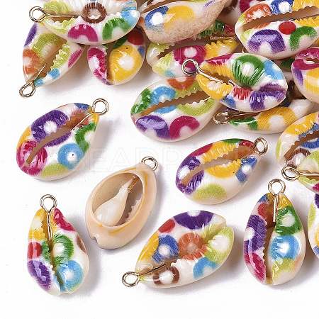 Printed Natural Cowrie Shell Pendants X-SSHEL-R047-02-B02-1