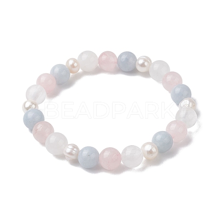 Natural Rose Quartz & White Jade & Pearl Round Beaded Stretch Bracelets for Women BJEW-JB11041-01-1