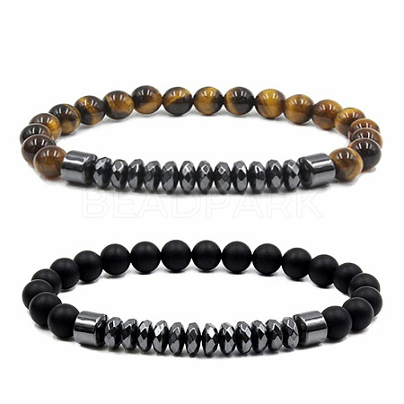 6mm Matte Black Tiger Eye Stone Bead Bracelet Set with Natural Stones and Magnetic Clasp ST5590593-1