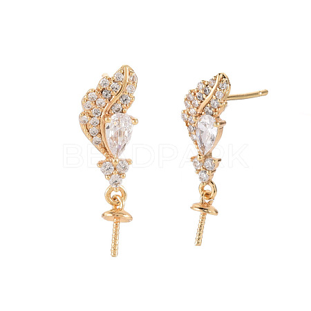 Feather Shape Brass Micro Pave Clear Cubic Zirconia Earring Findings KK-S356-435-NF-1