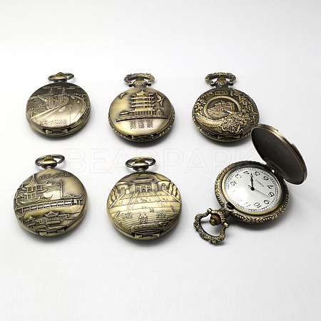Vintage Zinc Alloy Quartz Watch Heads for Pocket Watch Pendant Necklace Making Flat Round with Mixed Chinese Architectur WACH-R005-M03-1