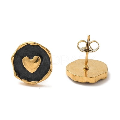 Ion Plating(IP) 304 Stainless Steel Flat Round with Heart Stud Earrings EJEW-C114-15G-01-1