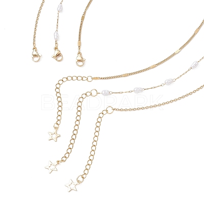 304 Stainless Steel Pendant 316 Surgical Stainless Steel & Plastic Pearl Paperclip Chain 3 Layer Necklaces for Women NJEW-JN05471-02-1