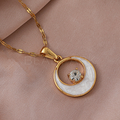 Vintage 304 Stainless Steel Resin Moon Pendant Necklaces with Clear Glass for Women LS-IK8705-1