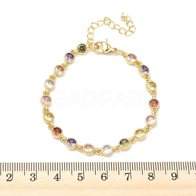 Flat Round Brass Pave Cubic Zirconia Link Chain Bracelets for Women BJEW-P385-01G-1