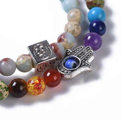 Two Loops Natural & Synthetic Gemstone Beads Warp Stretch Bracelets BJEW-JB04223-1