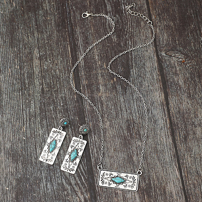 Western Aztec Alloy & Synthetic Turquoise Stud Earrings & Pendant Necklaces Sets FS-WGDC47F-01-1