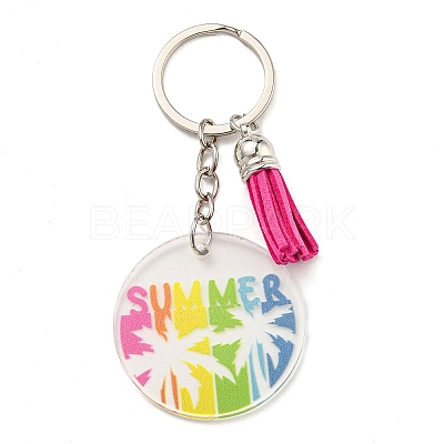 Acrylic Flat Round with Suede Tassel Pendant Keychain KEYC-G060-01F-1