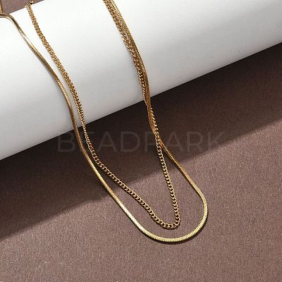 304 Stainless Steel Square Snake Chain Twisted Chain Double Layer Necklaces NJEW-S453-01G-B-1