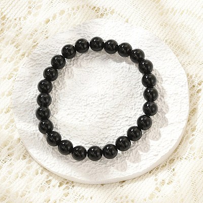 Natural Dyed & Heated Black Agate Round Beaded Stretch Bracelets BJEW-F203-09-1