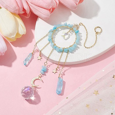 Natural Dyed Jade Imitation Aquamarine Chip Pendant Decorations with Brass Moon & Cable Chain & Electroplated Quartz Crystal Tassel HJEW-JM01650-02-1