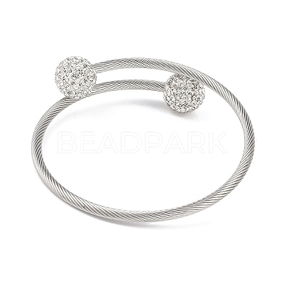 304 Stainless Steel & Polymer Clay Crystal Rhinestone Round Beads Open Cuff Bangles BJEW-M042-06P-1
