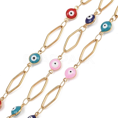 304 Stainless Steel Enamel Evil Eye & Rhombus Link Chains CHS-K021-13G-03-1
