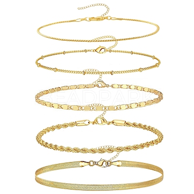 5 Pcs 5 Styles Brass Chain Bracelets Set for Women BJEW-D357-01G-1