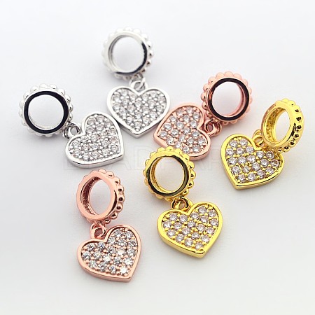Brass Micro Pave Cubic Zirconia Large Hole European Dangle Heart Charms ZIRC-N009-01M-1