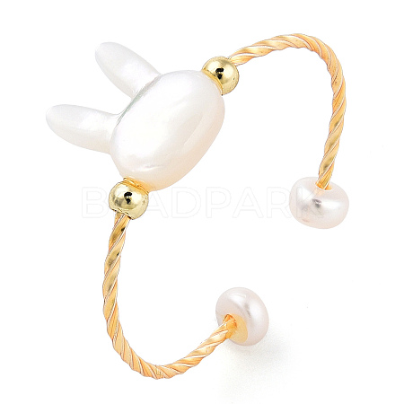 Natural Pearl & Shell Rabbit Open Cuff Ring RJEW-T026-09G-1