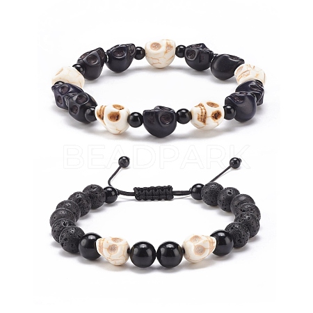 2Pcs 2 Style Natural Lava Rock & Mixed Gemstone Skull Braided Bead Bracelets Set BJEW-JB08381-1