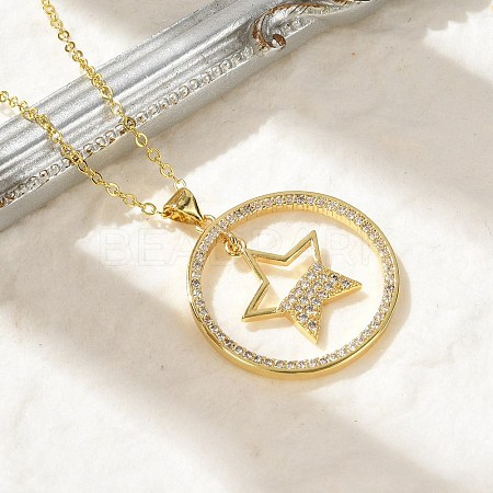 Brass Micro Pave Clear Cubic Zirconia Ring Pendant Necklaces NJEW-P322-A01-G-1