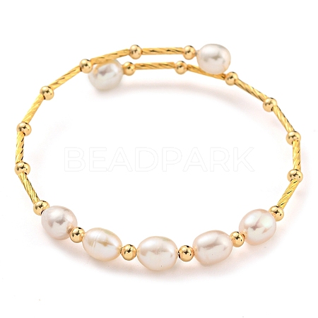 Brass & Natural Freshwater Pearl Beads Open Cuff Bangles for Women BJEW-F470-03G-01-1