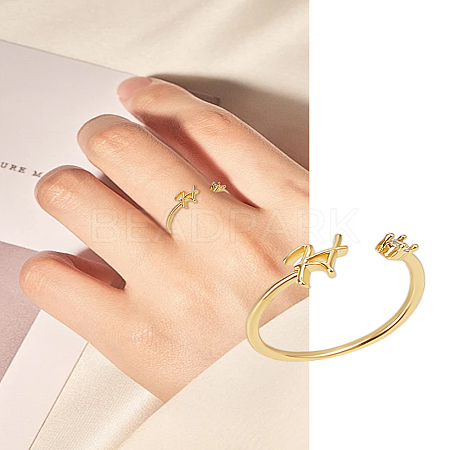 1Pc Letter Brass Rhinestone Open Cuff Rings for Women AJEW-LP0004-47H-G-1