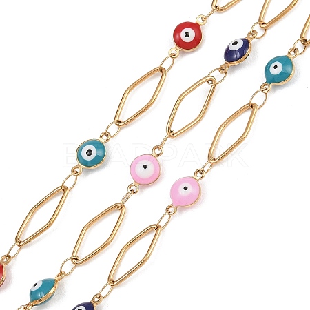 304 Stainless Steel Enamel Evil Eye & Rhombus Link Chains CHS-K021-13G-03-1