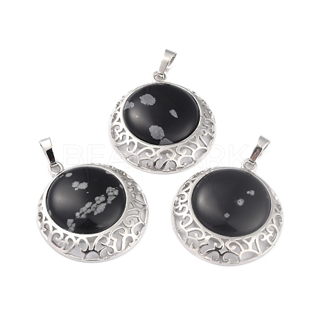 Natural Snowflake Obsidian Pendants with Hollow Platinum Brass Findings G-P448-A11-P-1