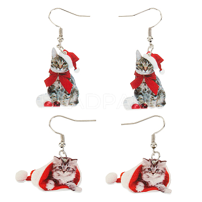 2 Pairs 2 Style Christmas Hat with Cat Acrylic Dangle Earrings EJEW-AN0002-37-1