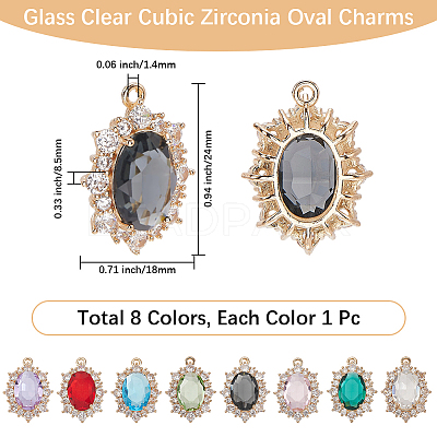 8Pcs 8 Styles Brass Glass Clear Cubic Zirconia Pendants KK-BBC0021-24-1