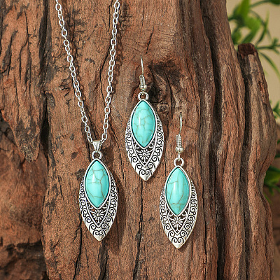 Bohemian Ethnic Style Zinc Alloy & Synthetic Turquoise Pendant Necklaces & Dangle Earrings Sets WG7E01E-10-1
