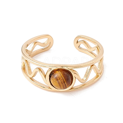 Natural Gemstone Half Round Open Cuff Ring RJEW-B039-04G-1