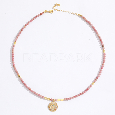 Stainless Steel Evil Eye Pendant Faceted Round Natural Rhodonite Beaded Necklaces for Women Ion Plating(IP) JF6983-7-1