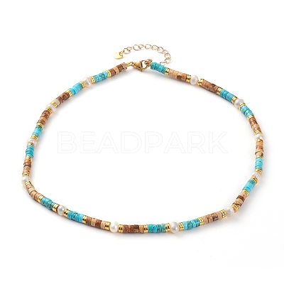 Natural Picture Jasper & Turquoise Beaded Necklaces NJEW-JN03253-1