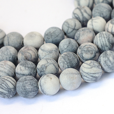 Frosted Natural Black Silk Stone/Netstone Round Bead Strands X-G-E334-8mm-25-1