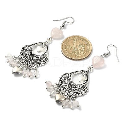 Natural Rose Quartz Heart Chandelier Earrings EJEW-JE05364-01-1
