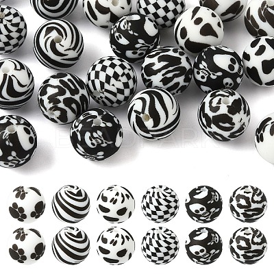 24Pcs 6 Styles Printed Round Silicone Focal Beads SIL-YW0001-78C-1
