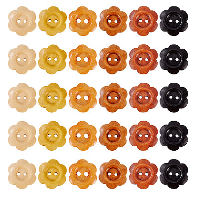 120Pcs 6 Colors 2-Hole Wood Flower Buttons BUTT-TA0001-40C-1