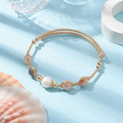 Natural Moonstone Round Beaded Cuff Bangle BJEW-JB10113-01-1