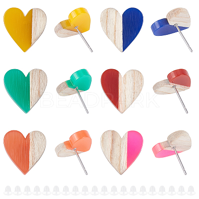 Resin & Wood Stud Earrings EJEW-FH0001-02-1